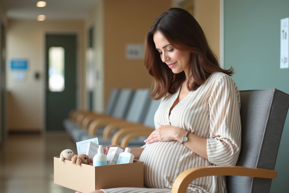 Femme enceinte découvre son coffret cadeau gratuit maternité dans une salle d'attente hospitalière