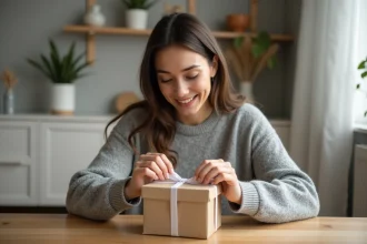 Jeune mère découvrant un cadeau de naissance soigneusement emballé dans un appartement chaleureux et moderne