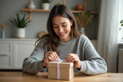 Jeune mère découvrant un cadeau de naissance soigneusement emballé dans un appartement chaleureux et moderne