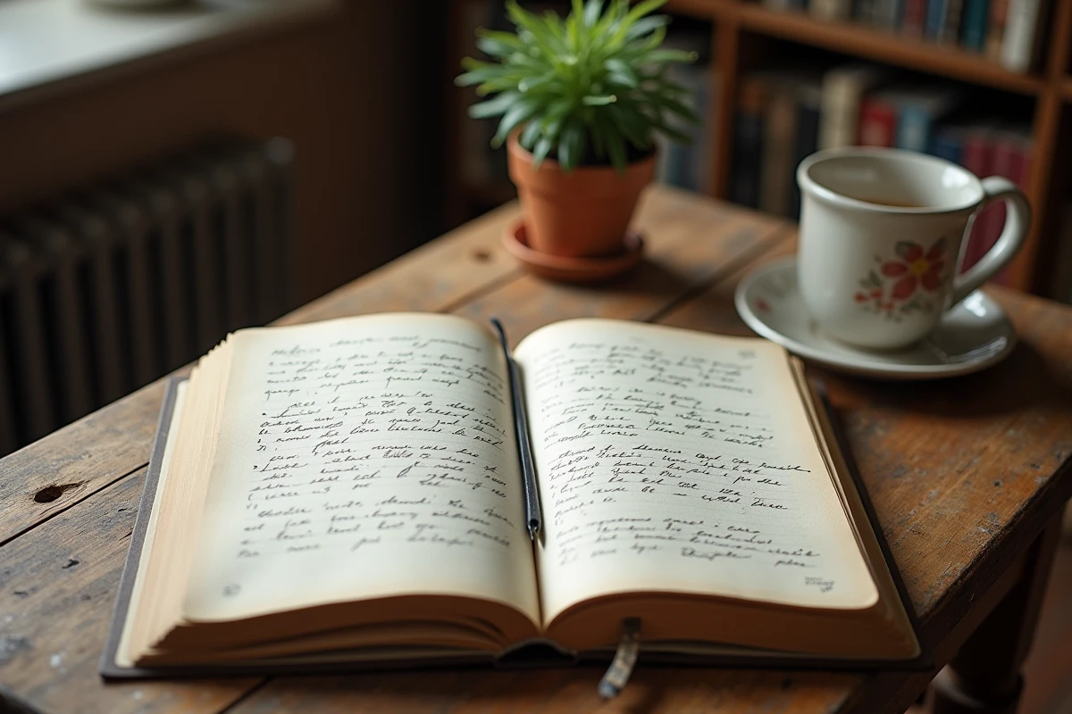 Cahier ouvert avec des notes manuscrites en français sur un bureau, évoquant l'intimité créative d'une artiste