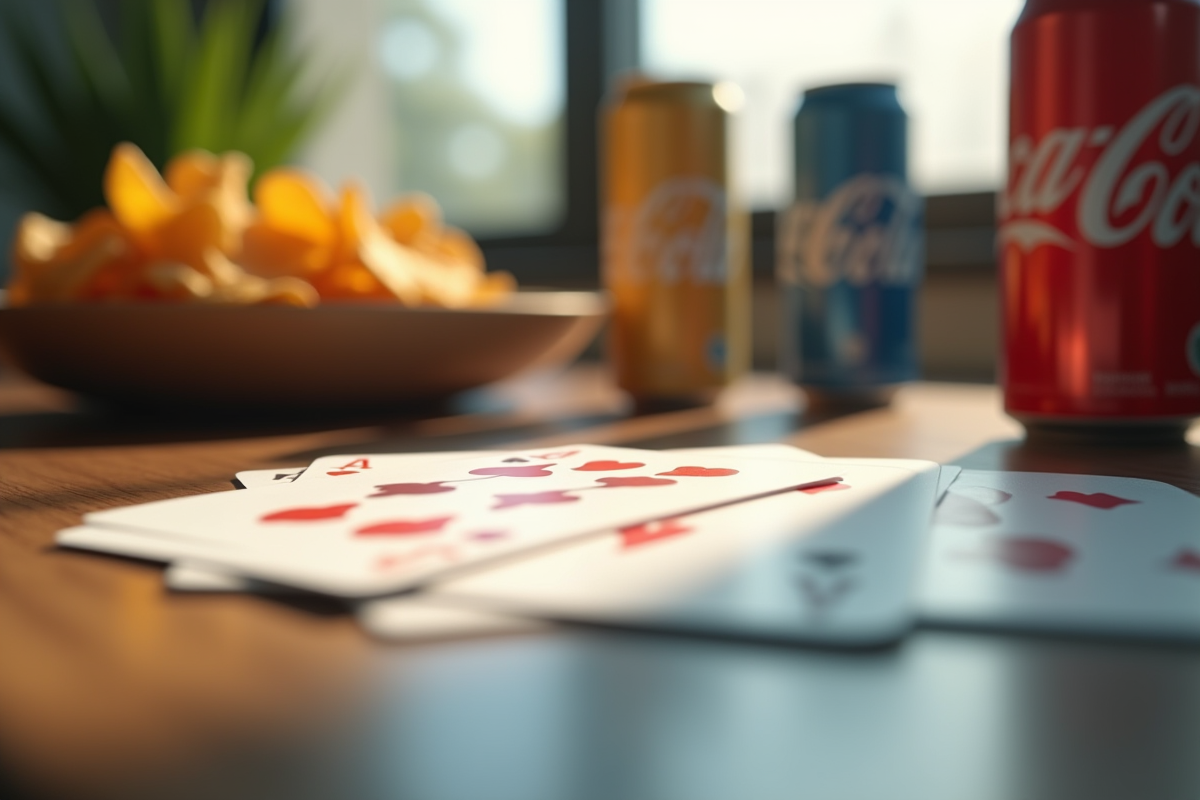 Cartes du jeu Président sur une table moderne avec chips et boissons