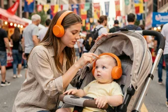 Mère posant un casque anti-bruit orange sur son bébé assis dans une poussette lors d'un événement bruyant en extérieur
