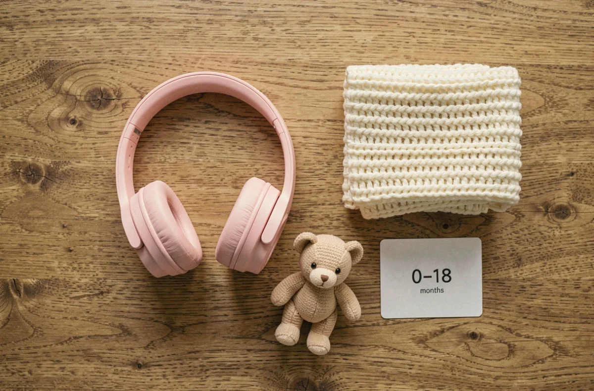 Casque anti-bruit bébé rose pastel posé avec un guide d'âge et des accessoires de puériculture sur une surface en bois