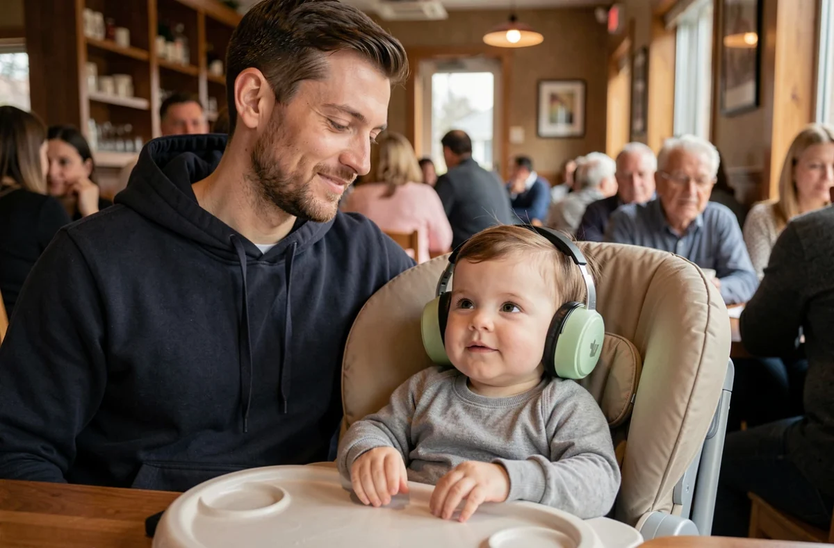 Père et tout-petit portant des protège-oreilles verts dans un restaurant familial animé