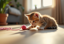Chaton tricolore jouant avec une pelote de laine