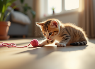 Chaton tricolore jouant avec une pelote de laine