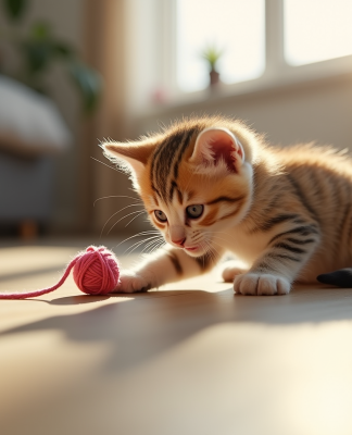 Chaton tricolore jouant avec une pelote de laine