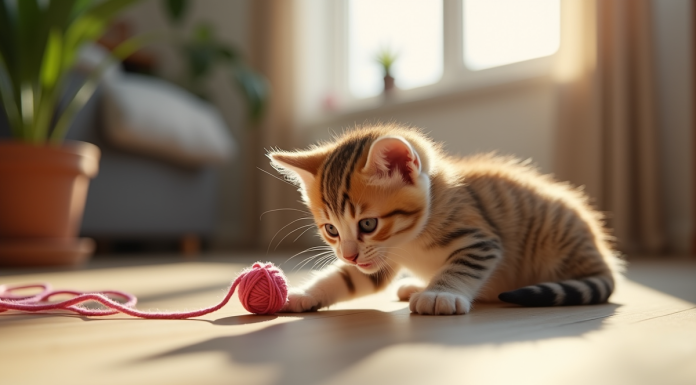 Chaton tricolore jouant avec une pelote de laine