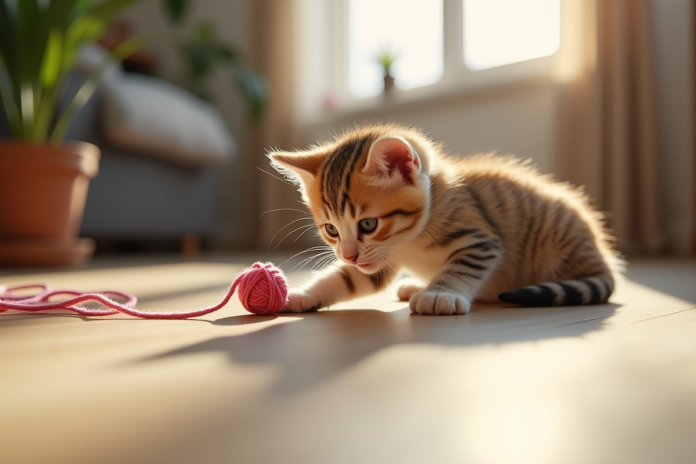 chaton-tricolore-jeu-yarn Chaton tricolore jouant avec une pelote de laine