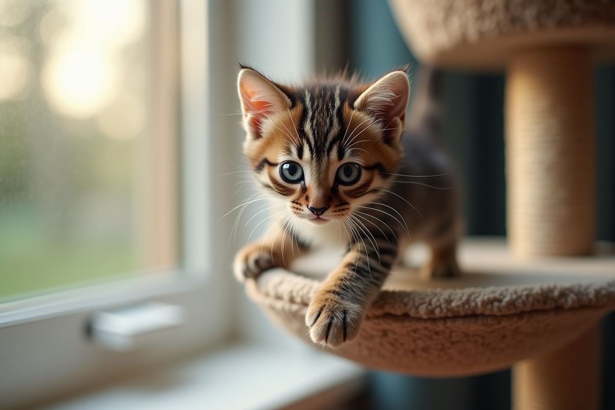 Chaton tigré explorant un arbre à chat près d