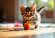 Chaton tigré jouant avec une plume colorée en lumière naturelle