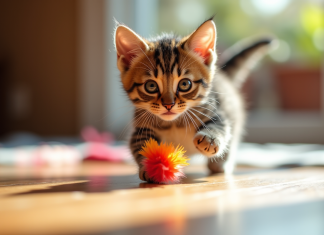 Chaton tigré jouant avec une plume colorée en lumière naturelle