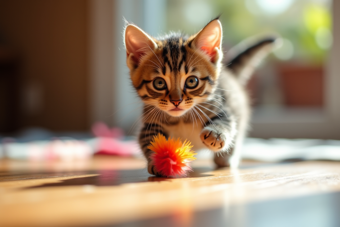 chatonjoueurplaisir Chaton tigré jouant avec une plume colorée en lumière naturelle