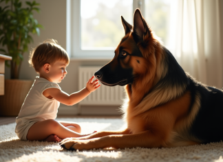 Chien berger allemand à poil long dans un salon ensoleille