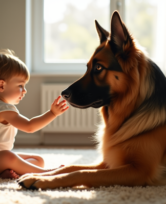 Chien berger allemand à poil long dans un salon ensoleille