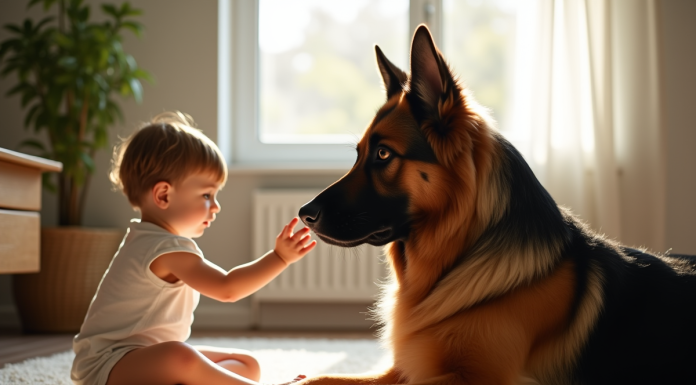 Chien berger allemand à poil long dans un salon ensoleille