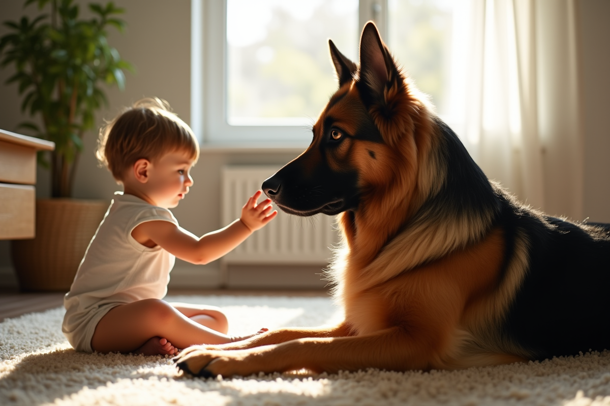 Chien berger allemand à poil long dans un salon ensoleille