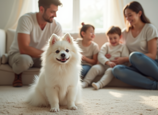 Chien Spitz japonais dans un salon lumineux avec famille souriante