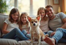 Chihuahua à poil court dans un salon chaleureux avec famille