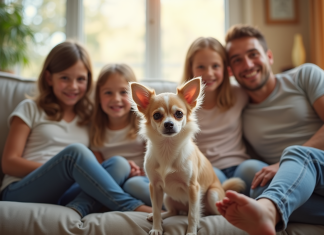 Chihuahua à poil court dans un salon chaleureux avec famille