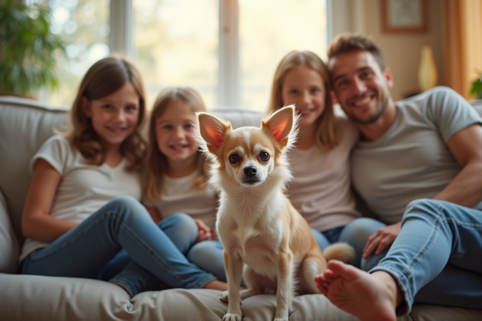 chihuahua-cosy-famille-salon Chihuahua à poil court dans un salon chaleureux avec famille