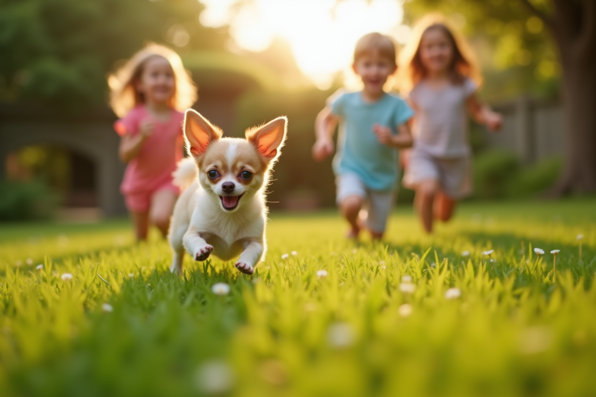 Chihuahua courant dans le jardin en famille ensoleillee
