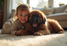 Chiot Newfoundland avec un enfant dans le salon lumineux