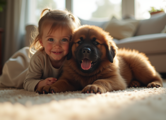 Chiot Newfoundland avec un enfant dans le salon lumineux