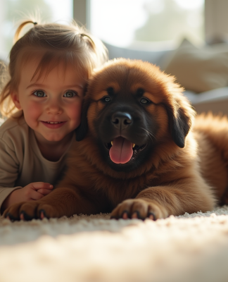 Chiot Newfoundland avec un enfant dans le salon lumineux