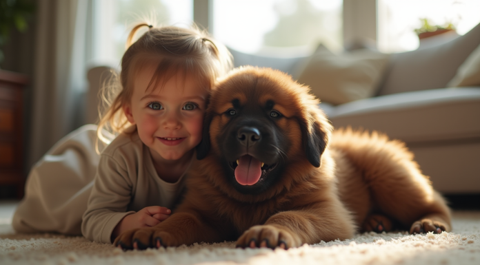 Chiot Newfoundland avec un enfant dans le salon lumineux