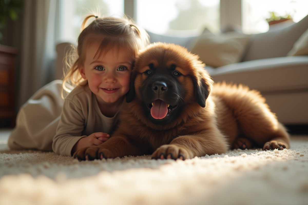 Chiot Newfoundland avec un enfant dans le salon lumineux
