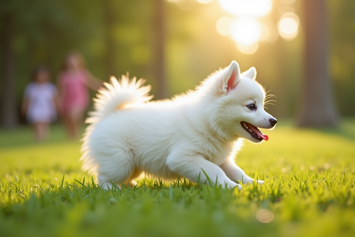 Chiot Spitz jouant dehors avec enfants en plein jour