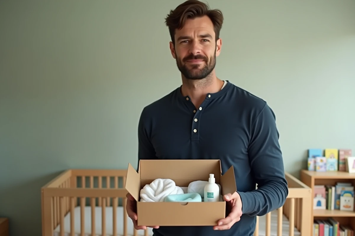 Père tenant un coffret cadeau naissance pratique dans une chambre de bébé décorée avec goût