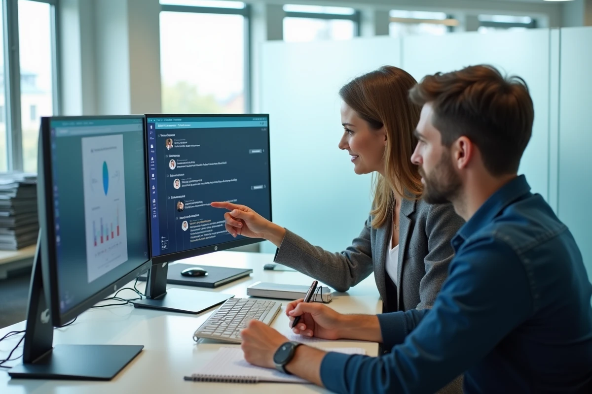 Deux professionnels de la tutelle configurant ensemble un logiciel de gestion multi-mesures en parallèle