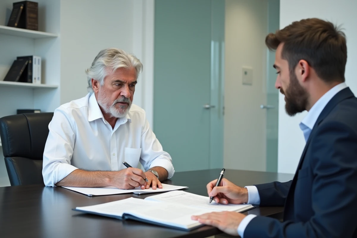 Homme âgé consultant un notaire pour la rédaction de son testament et les frais associés