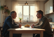 Pere et fils discutent calmement à la cuisine