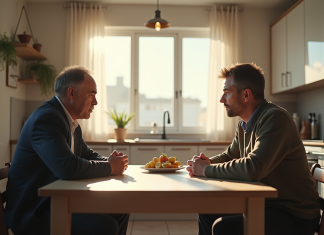 Pere et fils discutent calmement à la cuisine