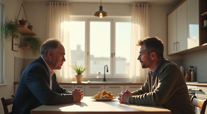 Pere et fils discutent calmement à la cuisine