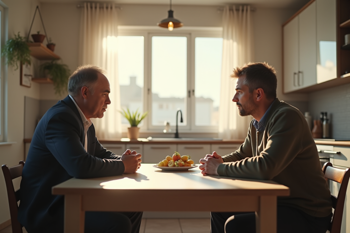 conversation-pere-fils-kitchen Pere et fils discutent calmement à la cuisine