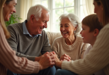 Couple agee famille multigenerations dans salon lumineux