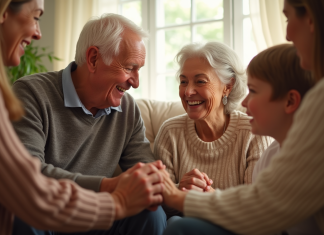 Couple agee famille multigenerations dans salon lumineux