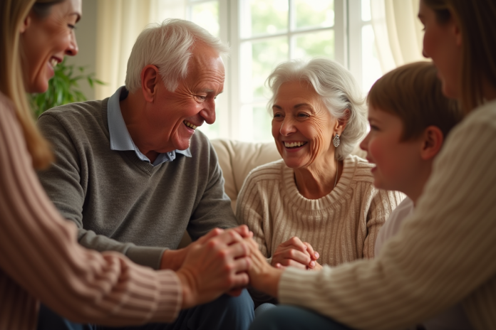 couple-ages-famille-living-room Couple agee famille multigenerations dans salon lumineux