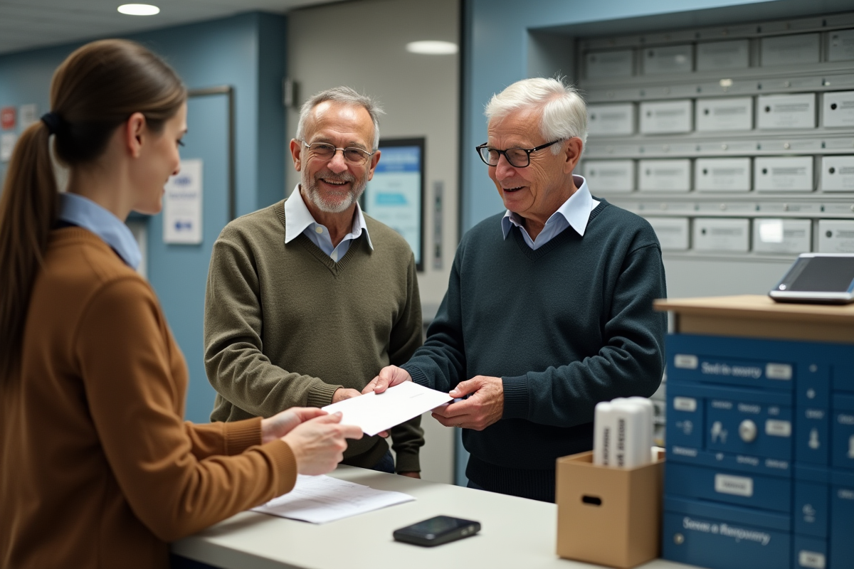 Couple âgé remettant un paiement de loyer à une employée