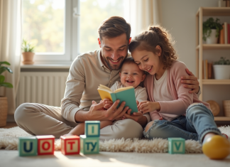 Jeune couple souriant dans une chambre de bébé lumineuse