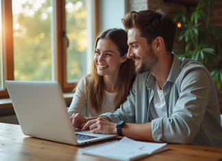 Trouver le prénom de garçon idéal commençant par L pour votre futur enfant Jeune couple souriant recherchant des noms de bébé sur un ordinateur