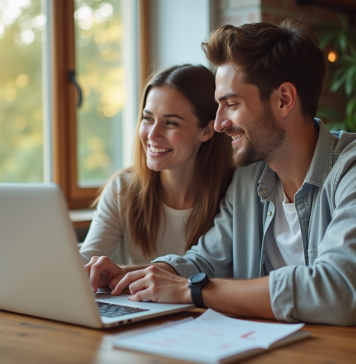 Jeune couple souriant recherchant des noms de bébé sur un ordinateur