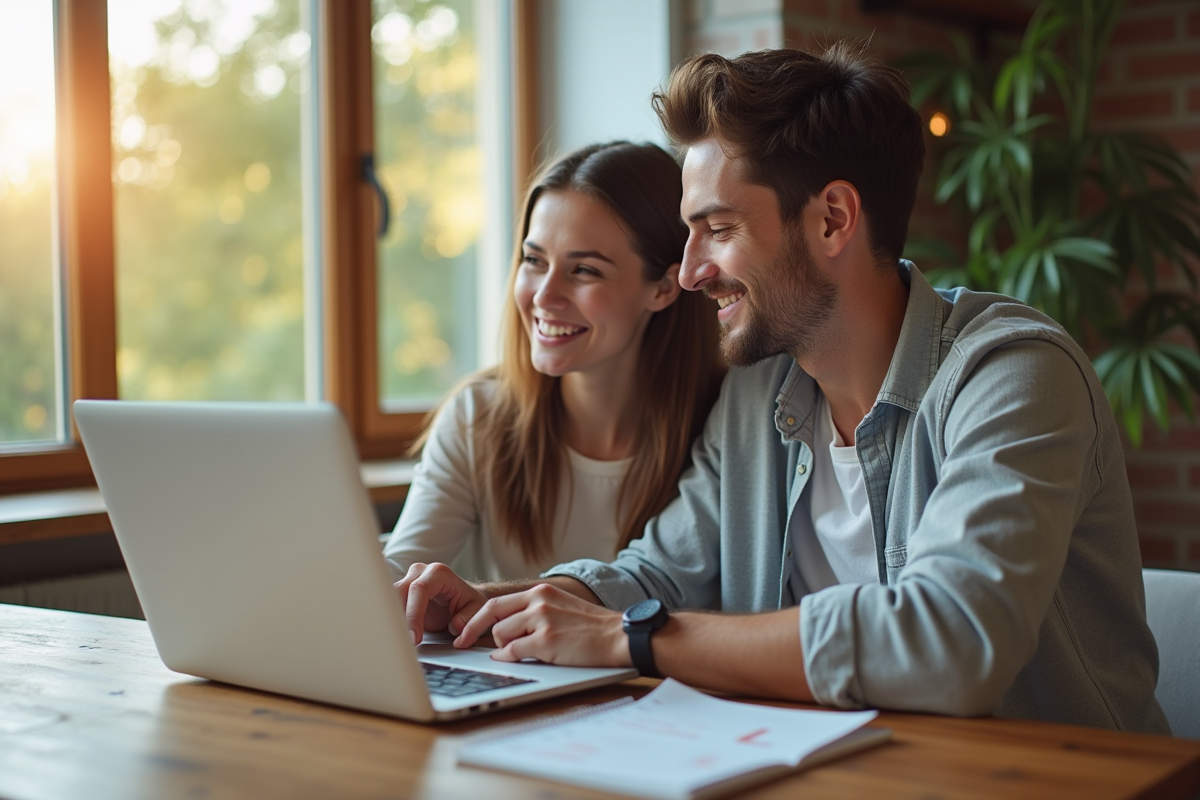 Jeune couple souriant recherchant des noms de bébé sur un ordinateur
