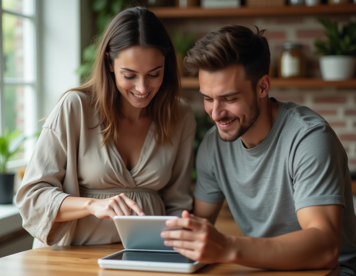 Couple attendant un bébé en train de créer leur liste de naissance sur une tablette dans leur cuisine
