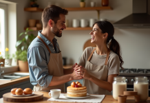 Couple souriant cuisinant un gâteau dans une cuisine chaleureuse