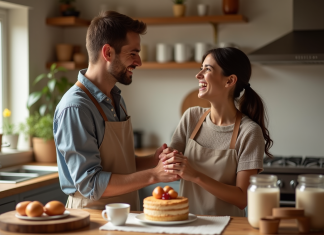 Deux ans de mariage : la recette d’un amour durable Couple souriant cuisinant un gâteau dans une cuisine chaleureuse